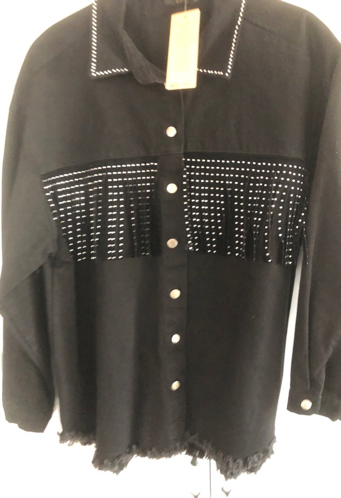 Düğmeli Siyah Nakışlı Denim Ceket - Görsel 2