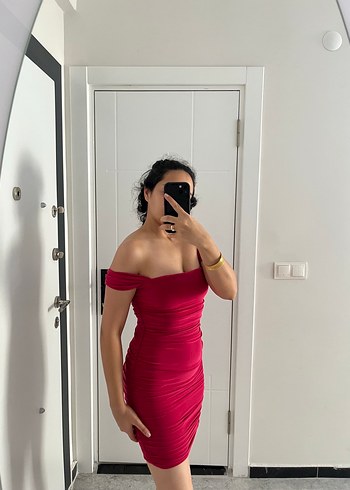 Pembe Drapeli Straplez Midi Elbise