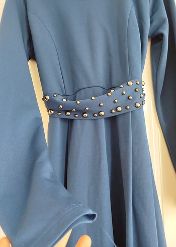 Uzun Kollu Kemerli Mavi Kadın Elbise - Görsel 4