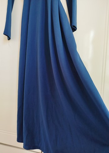 Uzun Kollu Kemerli Mavi Kadın Elbise - Görsel 2