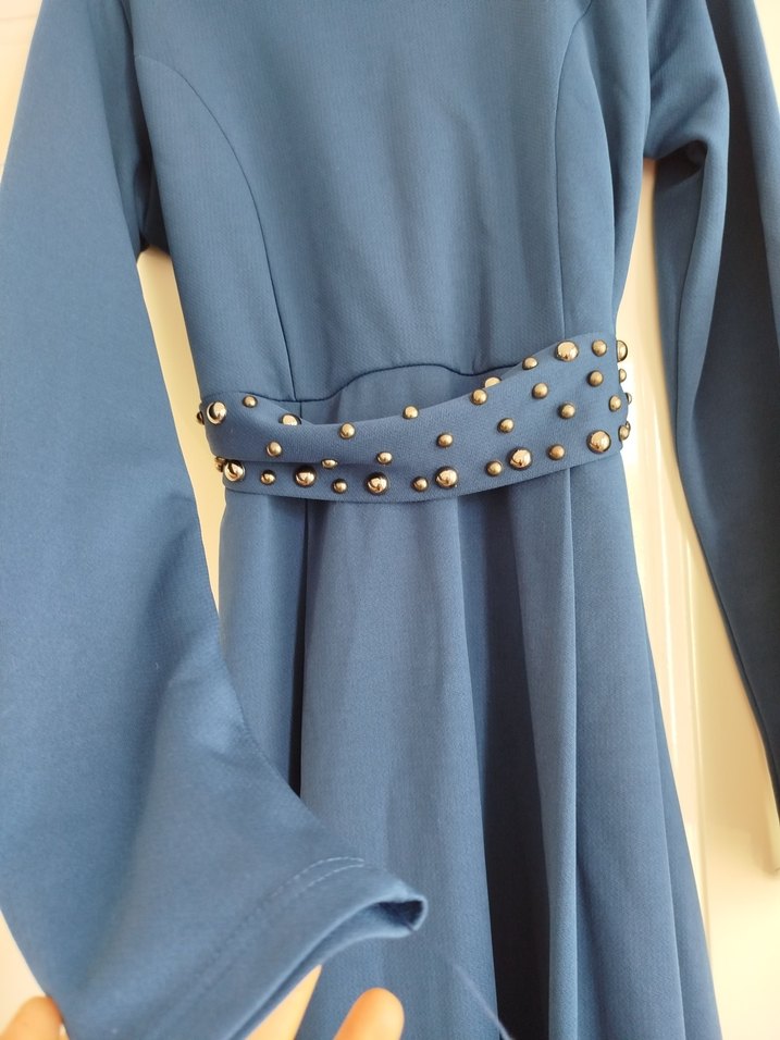 Uzun Kollu Kemerli Mavi Kadın Elbise - Görsel 4