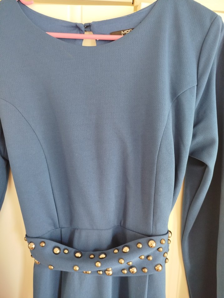 Uzun Kollu Kemerli Mavi Kadın Elbise - Görsel 5