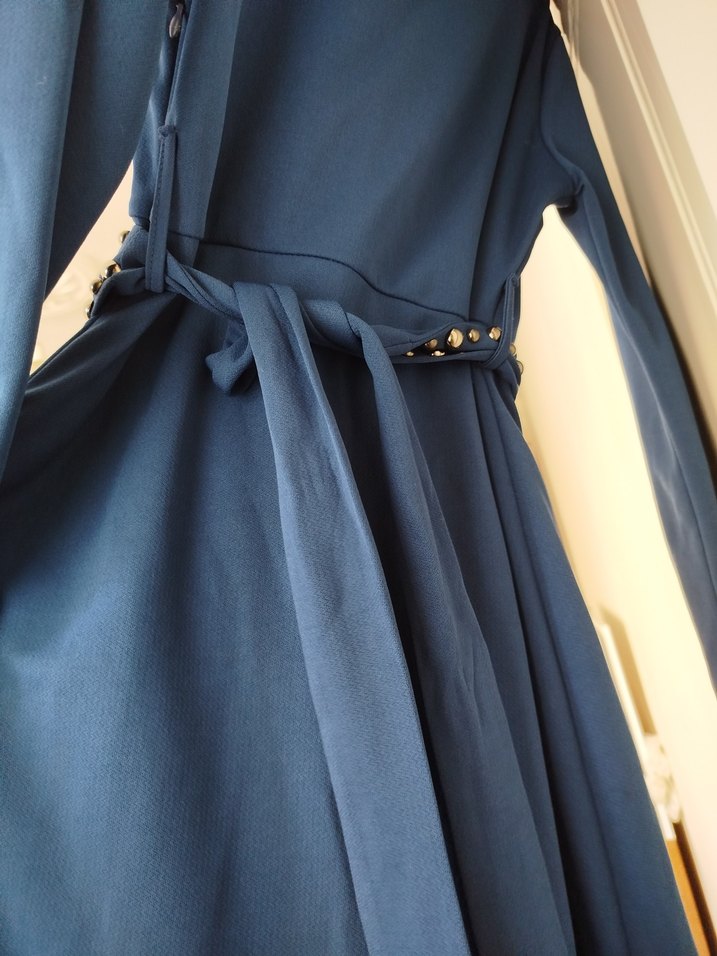 Uzun Kollu Kemerli Mavi Kadın Elbise - Görsel 3