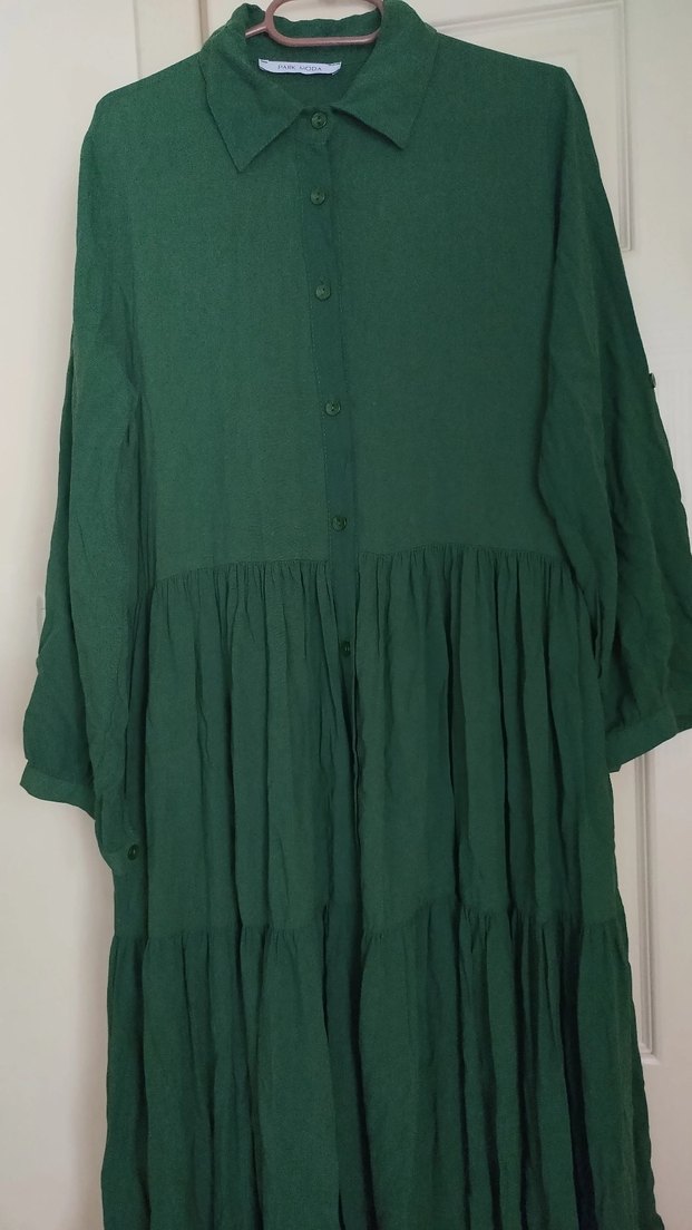 Yeşil Uzun Keten Elbise - Görsel 5