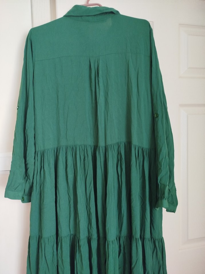Yeşil Uzun Keten Elbise - Görsel 4