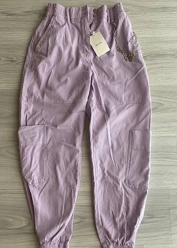 Bershka Mor Rahat Kesim Kadın Keten Pantolon - Görsel 2