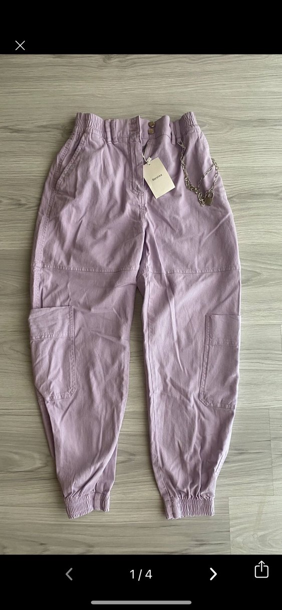 Bershka Mor Rahat Kesim Kadın Keten Pantolon - Görsel 2