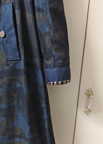 Lacivert Batik Desenli Uzun Kot Kaban - Görsel 5