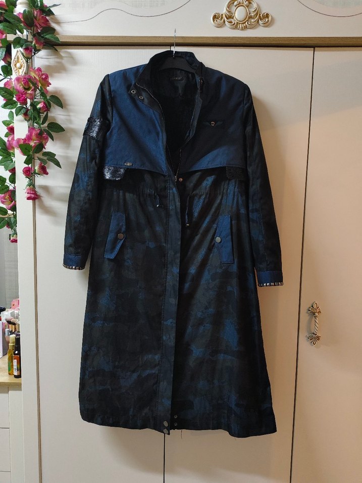 Lacivert Batik Desenli Uzun Kot Kaban - Görsel 2