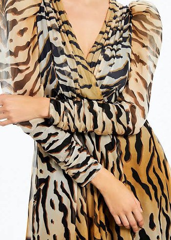 Nocturne Zebra Desenli Drapeli Uzun Kollu Elbise