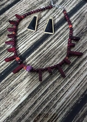 Beden Bordo Boncuklu Mini Bohem Kolye ve küpe