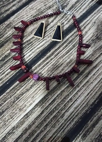 Bordo Boncuklu Mini Bohem Kolye ve küpe