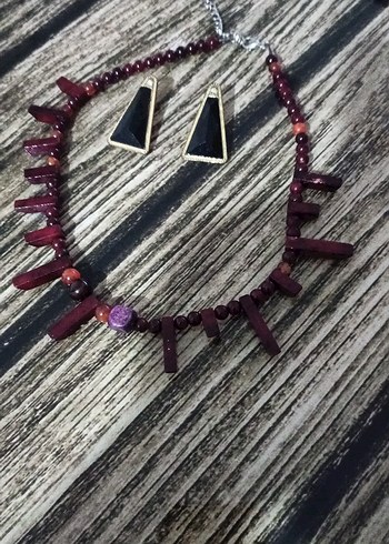Diğer Bordo Boncuklu Mini Bohem Kolye ve küpe