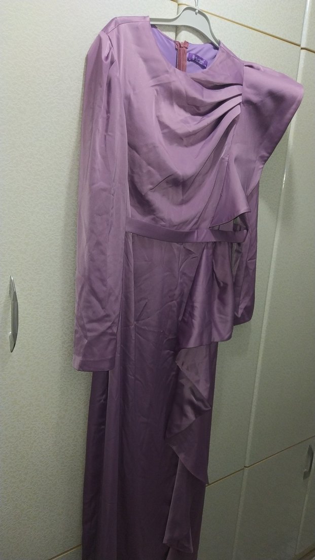 Mor Uzun Drapeli Kadın Abiye Elbise - Görsel 2