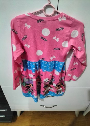 7 Yaş Beden pembe Renk Kız Çocuk Pembe Uzun Kollu Baskılı Elbise