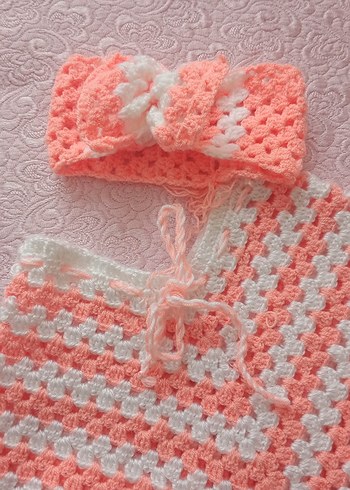 Kız Çocuk Renkli Örgü Panço ve Saç Bandı - Görsel 3