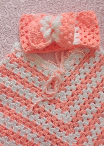 Kız Çocuk Renkli Örgü Panço ve Saç Bandı - Görsel 6