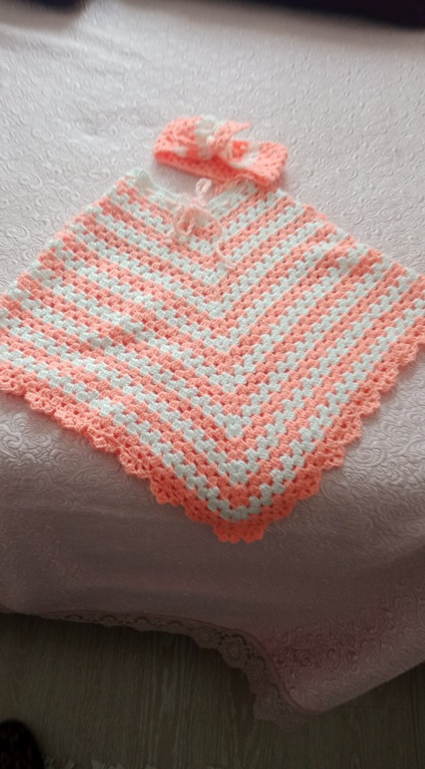 Kız Çocuk Renkli Örgü Panço ve Saç Bandı - Görsel 2