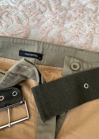 40 Beden camel Renk Kemerli Bej Kadın Kumaş Pantolon