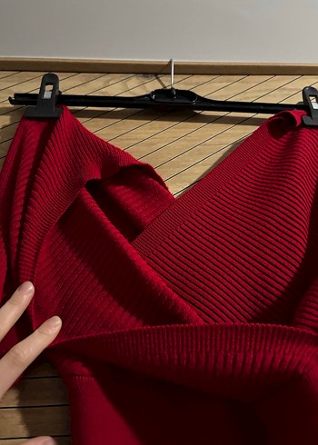 Bordo V Yaka Uzun Triko Elbise - Görsel 3