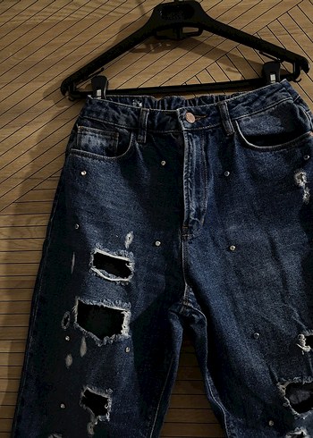 Kadın Payetli Lacivert Bol Kesim Denim Pantolon - Görsel 2