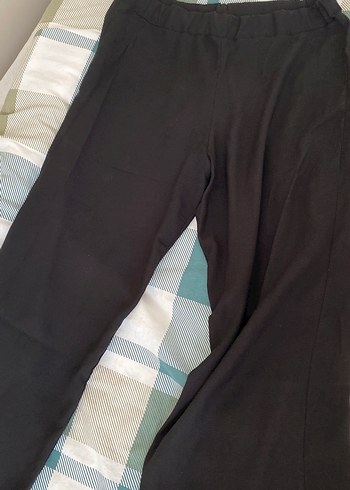 2K Siyah Keten Pilili Genis Kesim Kadin Pantolon