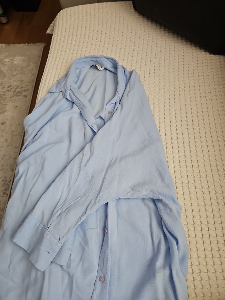 Mavi Düğmeli Keten Kadın Gömlek - Görsel 2