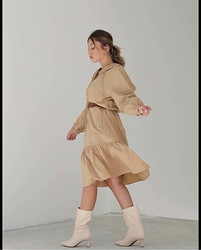 s Beden camel Renk Zara model volanlı poplin kumaş elbise XS S M L bedenleri ile ke