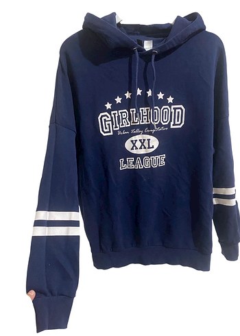 H&M Lacivert Kapüşonlu Baskılı Kadın Sweatshirt