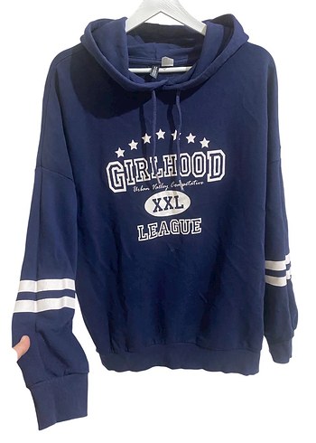 Lacivert Kapüşonlu Baskılı Kadın Sweatshirt