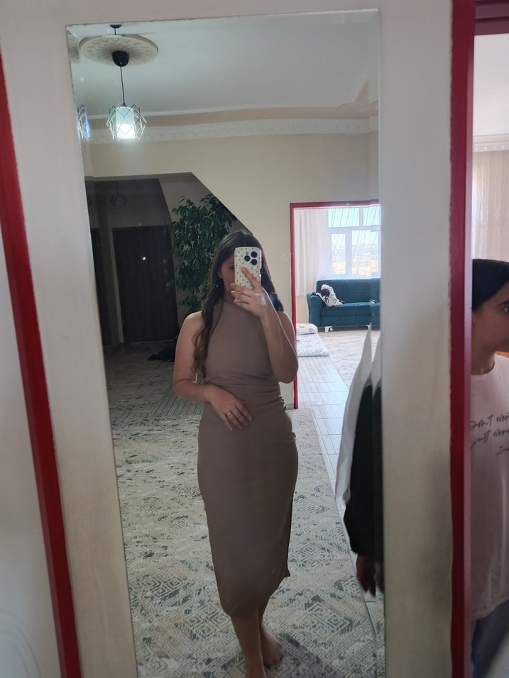 Kolsuz Uzun Kahverengi Elbise - Görsel 3