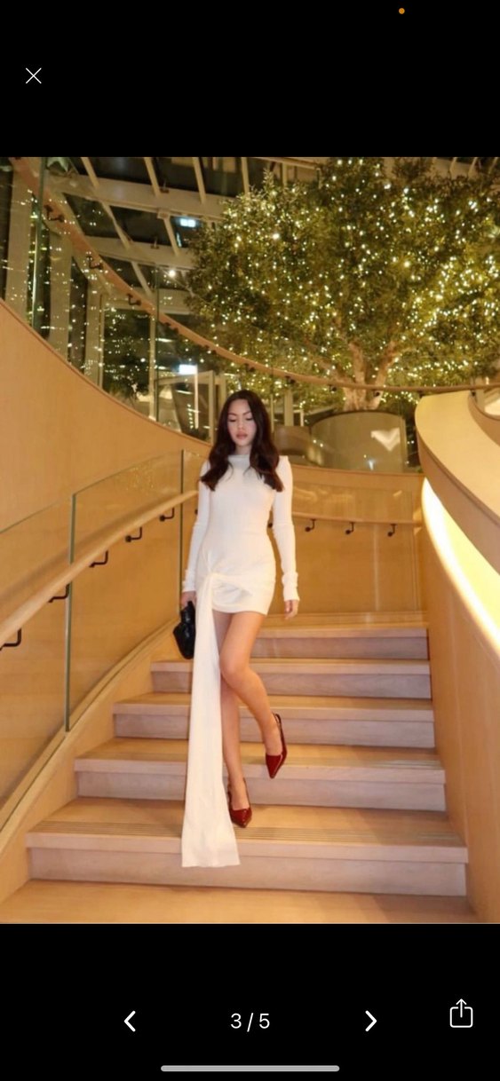 Beyaz Uzun Kollu baglamlı triko Mini Elbise - Görsel 3