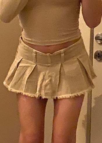y2k Bej Mini Etek, Keten Kumaş, Günlük Şıklık - Görsel 3