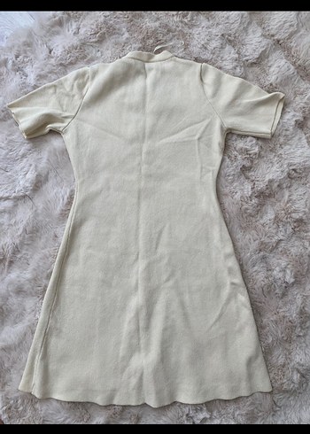 Bej V Yaka Düğmeli Triko Midi Elbise - Görsel 3