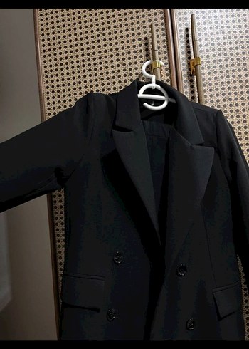 Düğmeli Siyah Kadın Uzun Blazer Ceket pantolon takim - Görsel 2