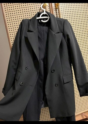 Düğmeli Siyah Kadın Uzun Blazer Ceket pantolon takim - Görsel 3