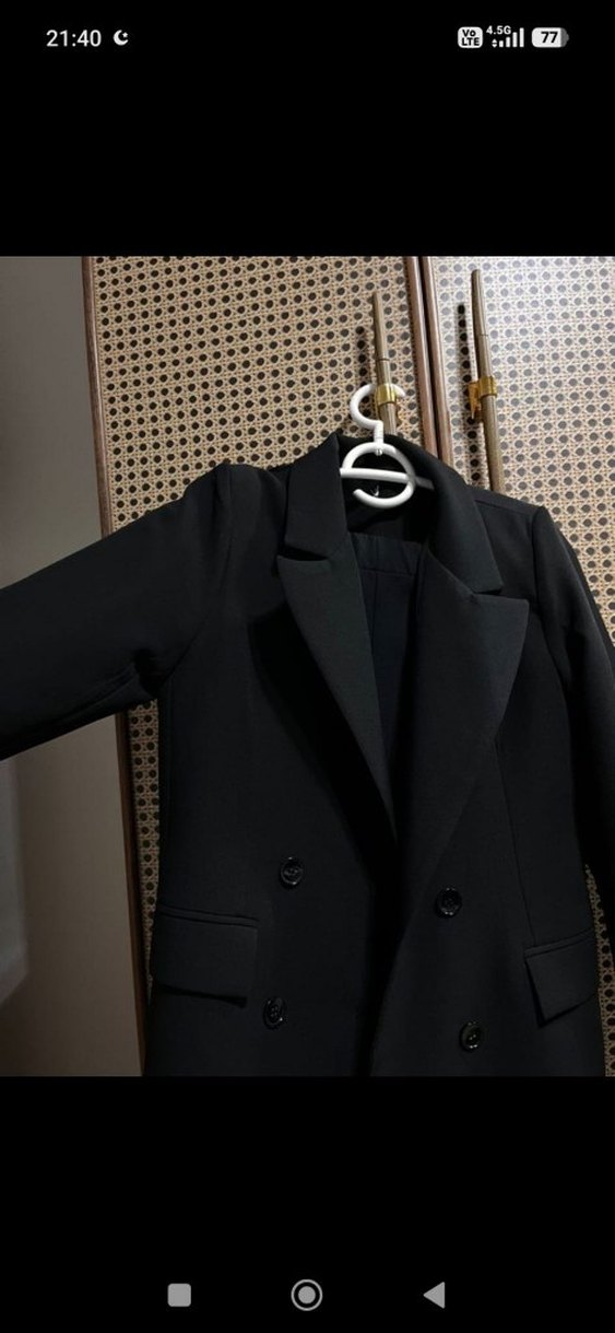 Düğmeli Siyah Kadın Uzun Blazer Ceket pantolon takim - Görsel 2