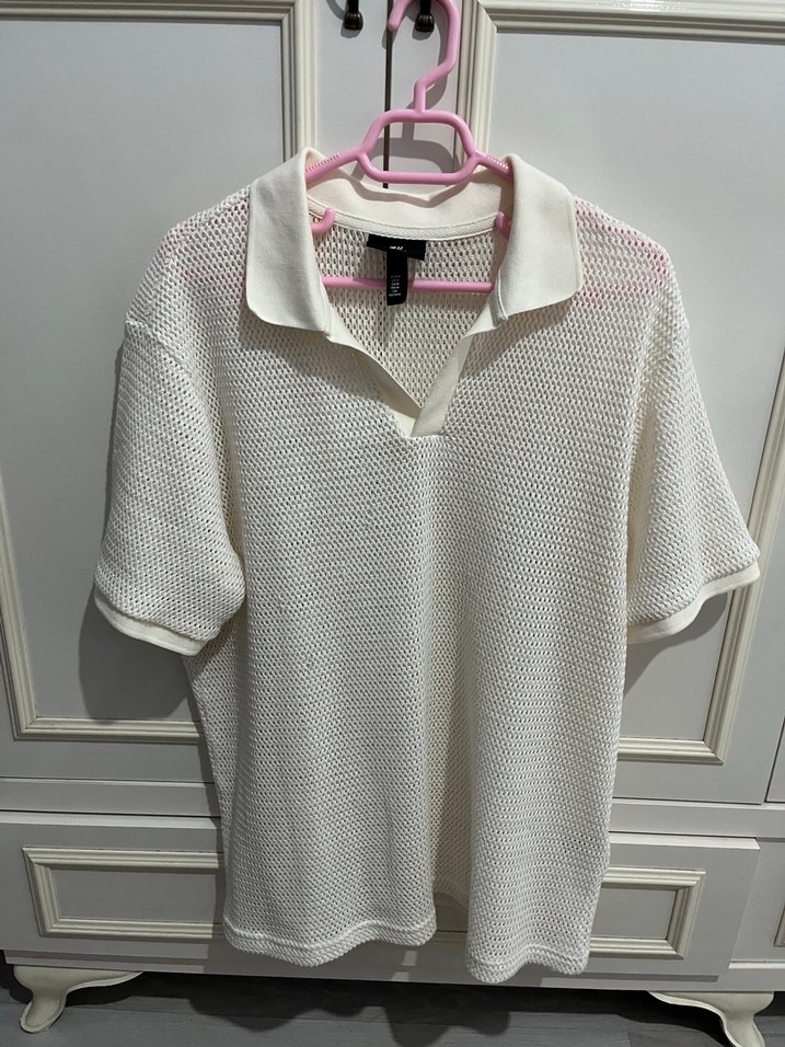 H&M Erkek Beyaz Örgü Polo Tişört - Görsel 4