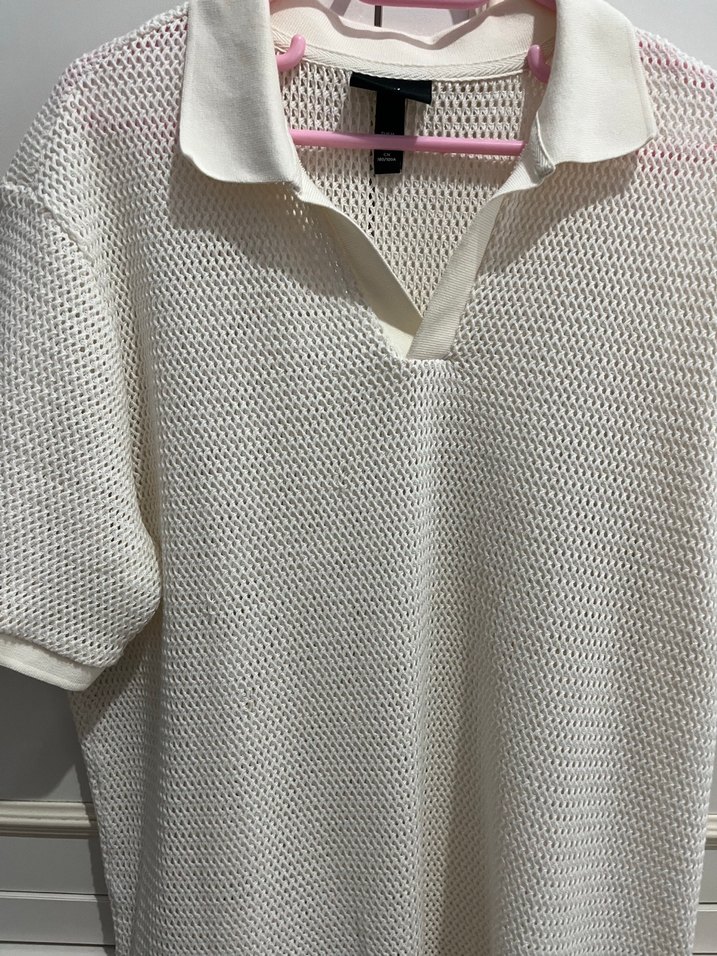 H&M Erkek Beyaz Örgü Polo Tişört - Görsel 2