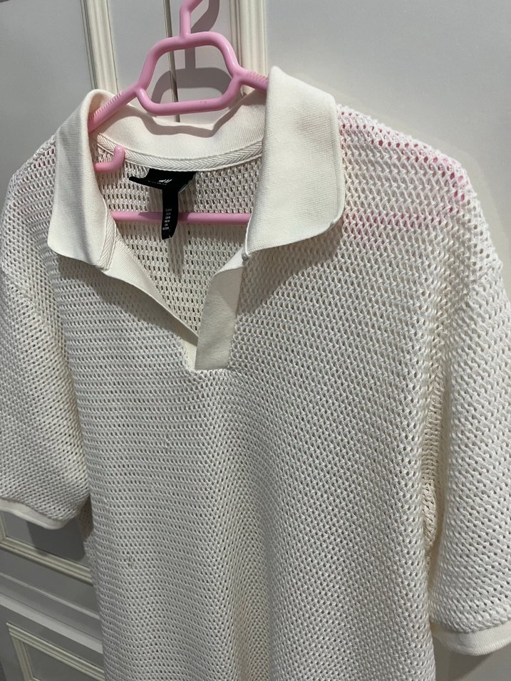H&M Erkek Beyaz Örgü Polo Tişört - Görsel 5
