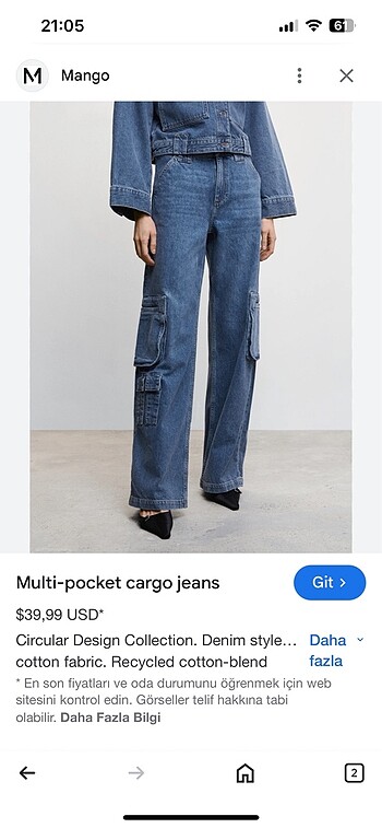 42 Beden mavi Renk mango kargo jean