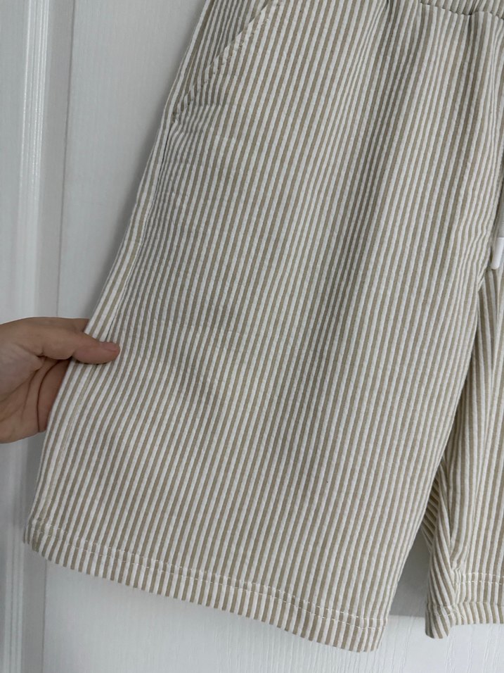 Bej Keten Pilili Kadın Bermuda Şort - Görsel 5