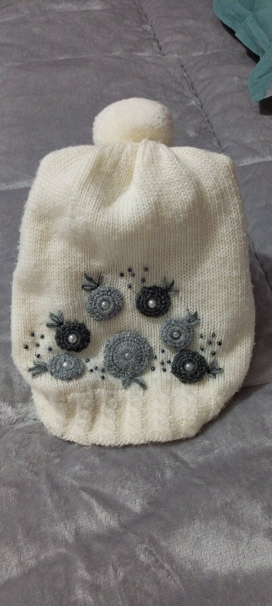 Bohem Çiçek İşlemeli Beyaz Kadın Bere - Görsel 2