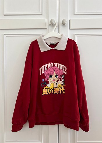 Kırmızı Baskılı Oversize Sweatshirt