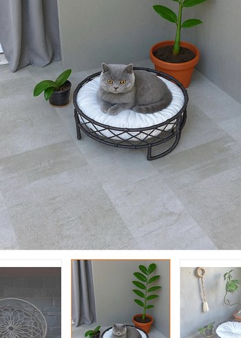 Yuvarlak gri kedi yatağı beyaz minderle - Görsel 2