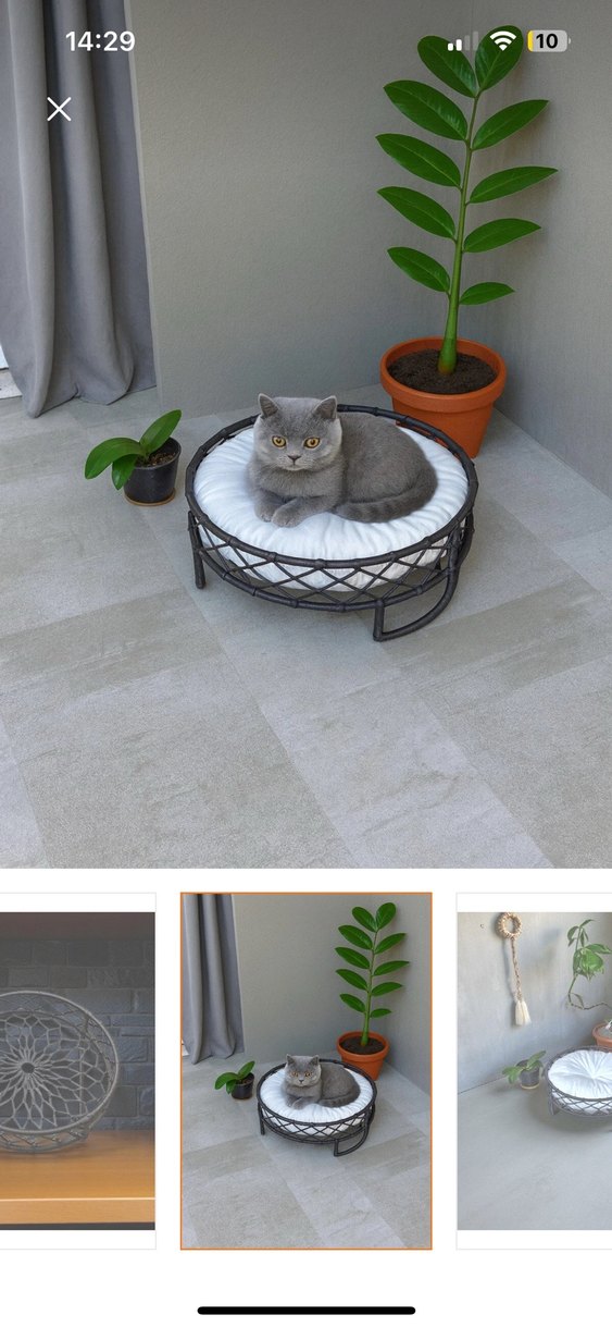 Yuvarlak gri kedi yatağı beyaz minderle - Görsel 2