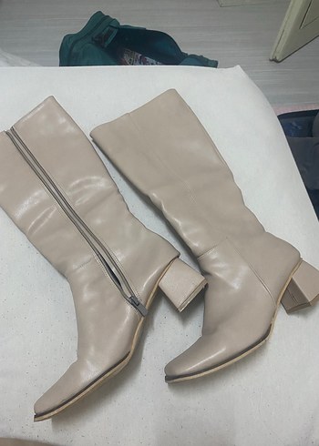 Bej Deri Kadın uzun Bot - Görsel 2