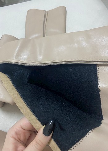 Bej Deri Kadın uzun Bot - Görsel 5