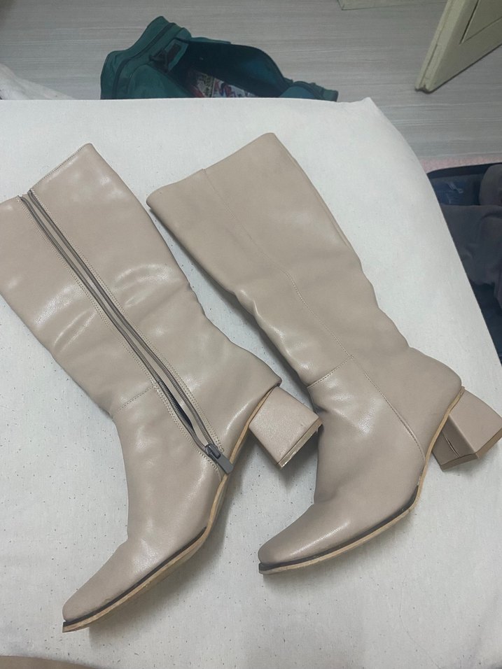 Bej Deri Kadın uzun Bot - Görsel 2