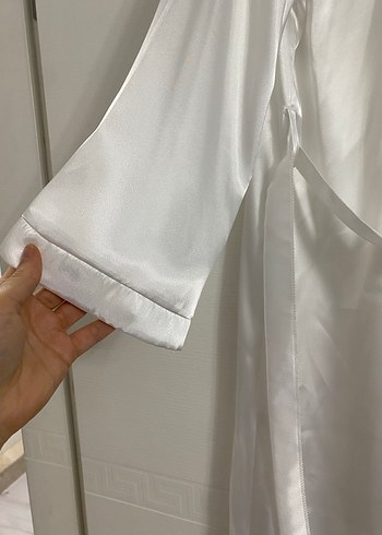 Beyaz Uzun Kollu Midi Kadın Sabahlık - Görsel 3
